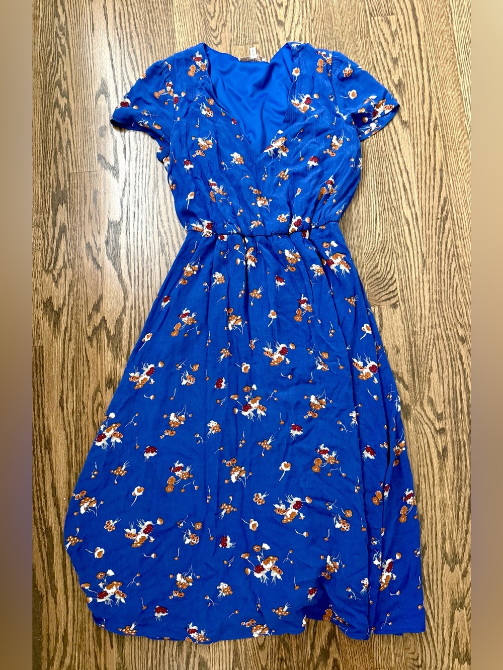 Blue Floral Short-Sleeve Midi Dress